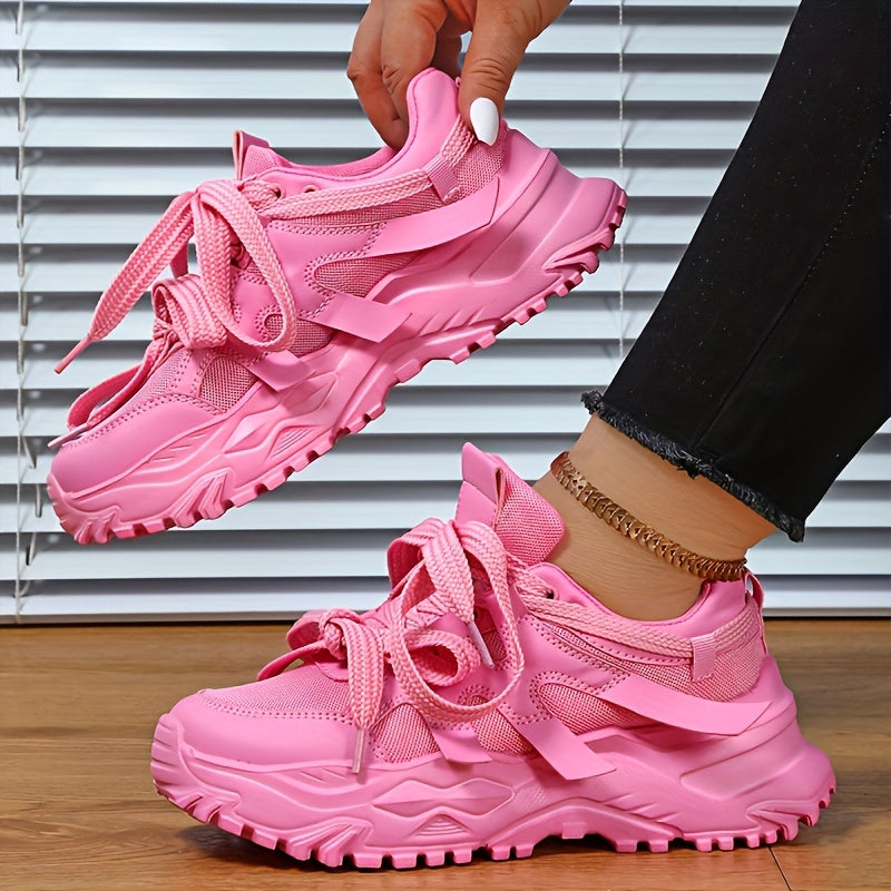 Women's Pink Chunky Sneakers - Breathable Mesh Dad Shoes, Comfortable EVA Cushioned Running & Skateboarding Shoes for All-Day Wear, Casual Fashion Outdoor Sports Footwear, Sporty Walking Shoes | Trendy Dad Shoes | EVA Cushion